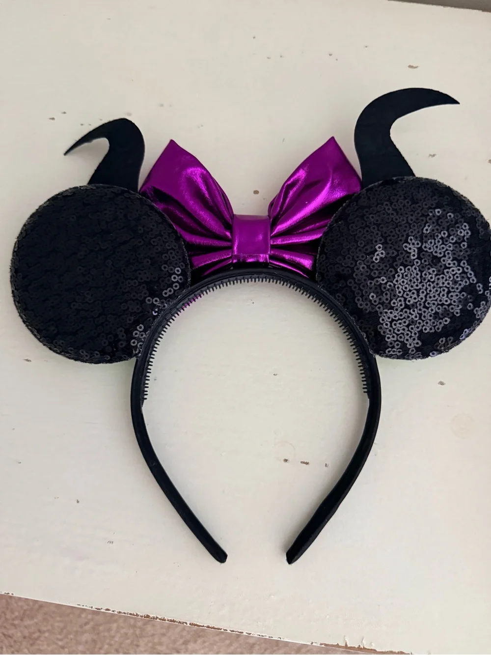 Maleficent-Style Headband with Purple Bow & Green Gem